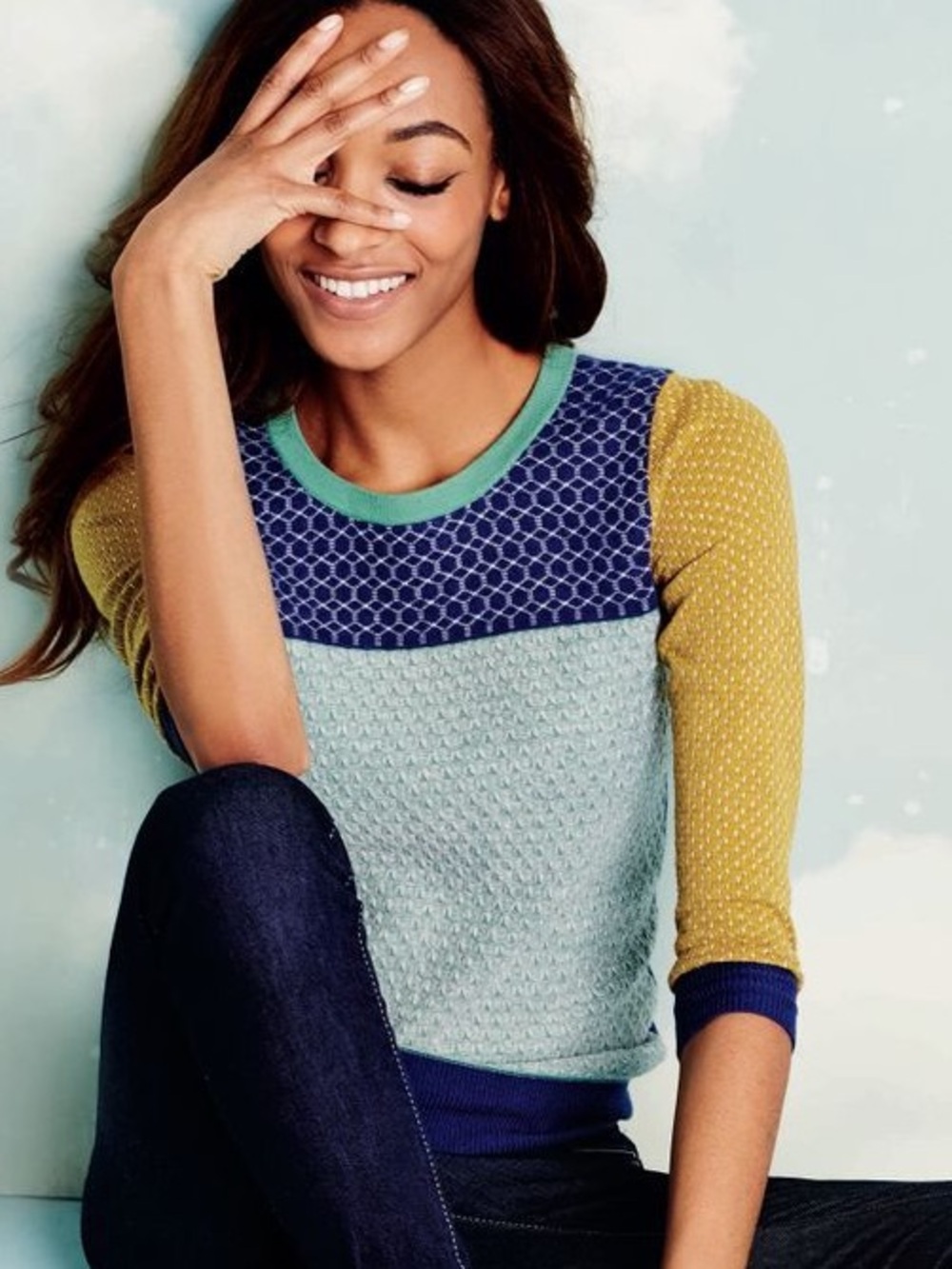 Boden Colorblock Cashmere Blend Jacquard 3/4 Sleeve Crewneck Sweater size 8 - Picture 2 of 16